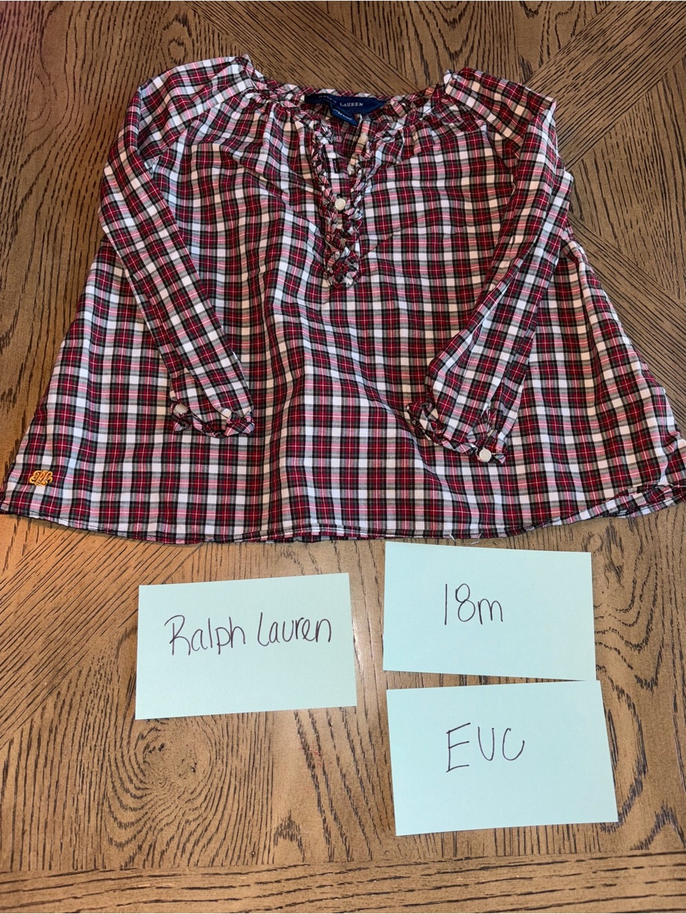 Ralph Lauren Red White Black Plaid Long-Sleeve Peasant Top